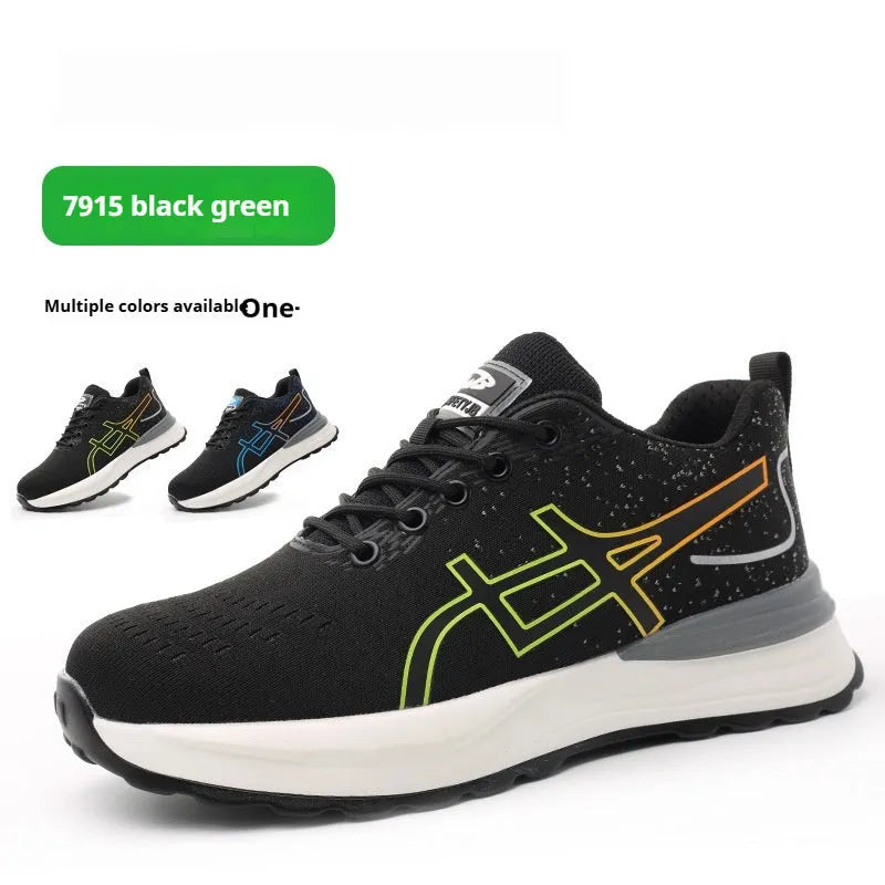 Men's black and blue low-cut safety shoes with mesh upper and protective toe cap.