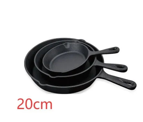 Cast iron frying pan with non-stick surface, flat bottom, sizes 16cm, 20cm and 25cm, shown without lid