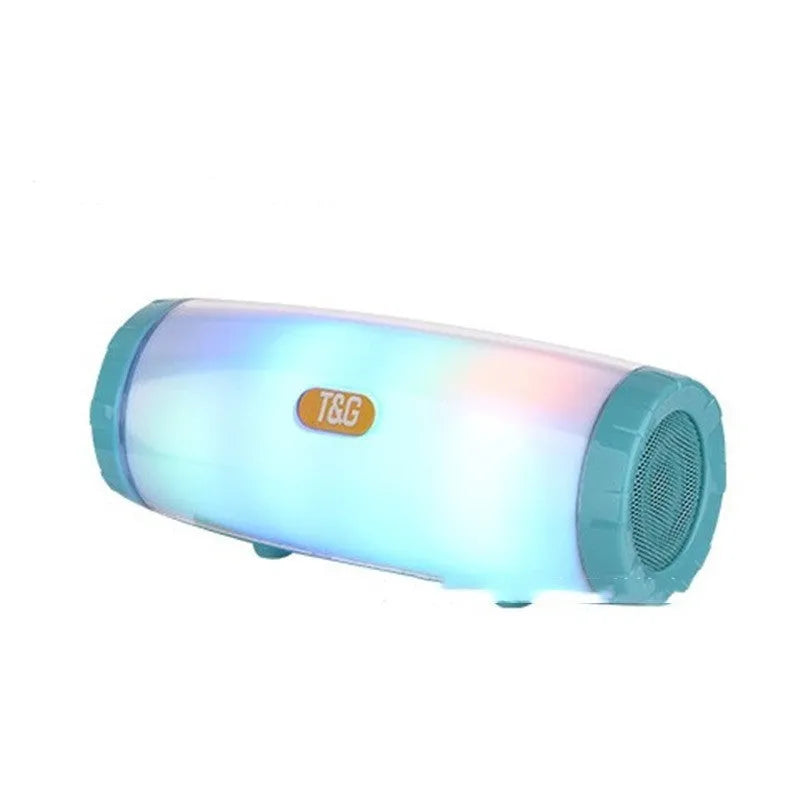 Outdoor portable Bluetooth speaker with coloured LED lights in a PU leather shell, shown in blue.
