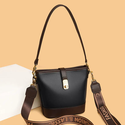 Korean-style soft PU bucket bag in black with double shoulder straps and organisational compartments
