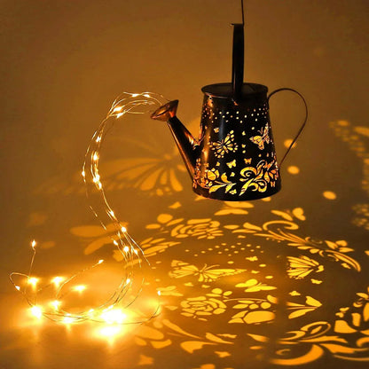 Solar-powered garden lamp with tapered butterfly pattern iron design and warm white LED light