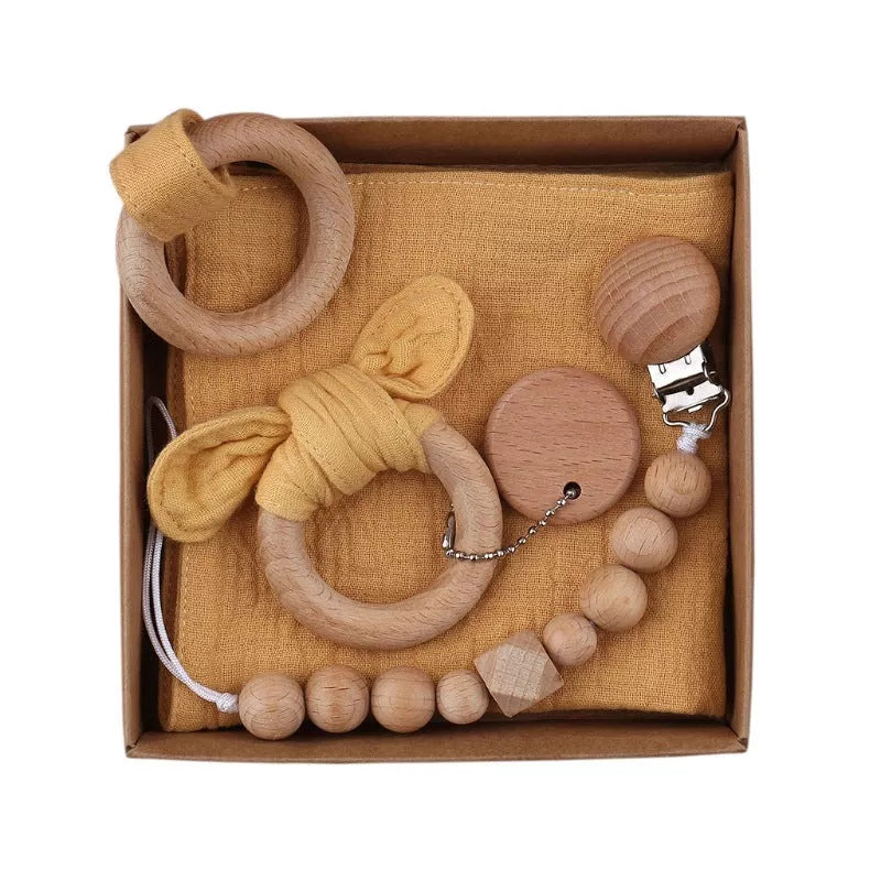 Natural cotton baby bath toy set with wooden rattle and comfort towel