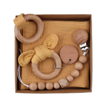 Natural cotton baby bath toy set with wooden rattle and comfort towel