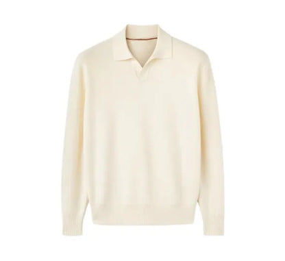 Old Money Style pure wool polo sweater with lapel collar and long sleeves in milky white or navy blue, loose fit