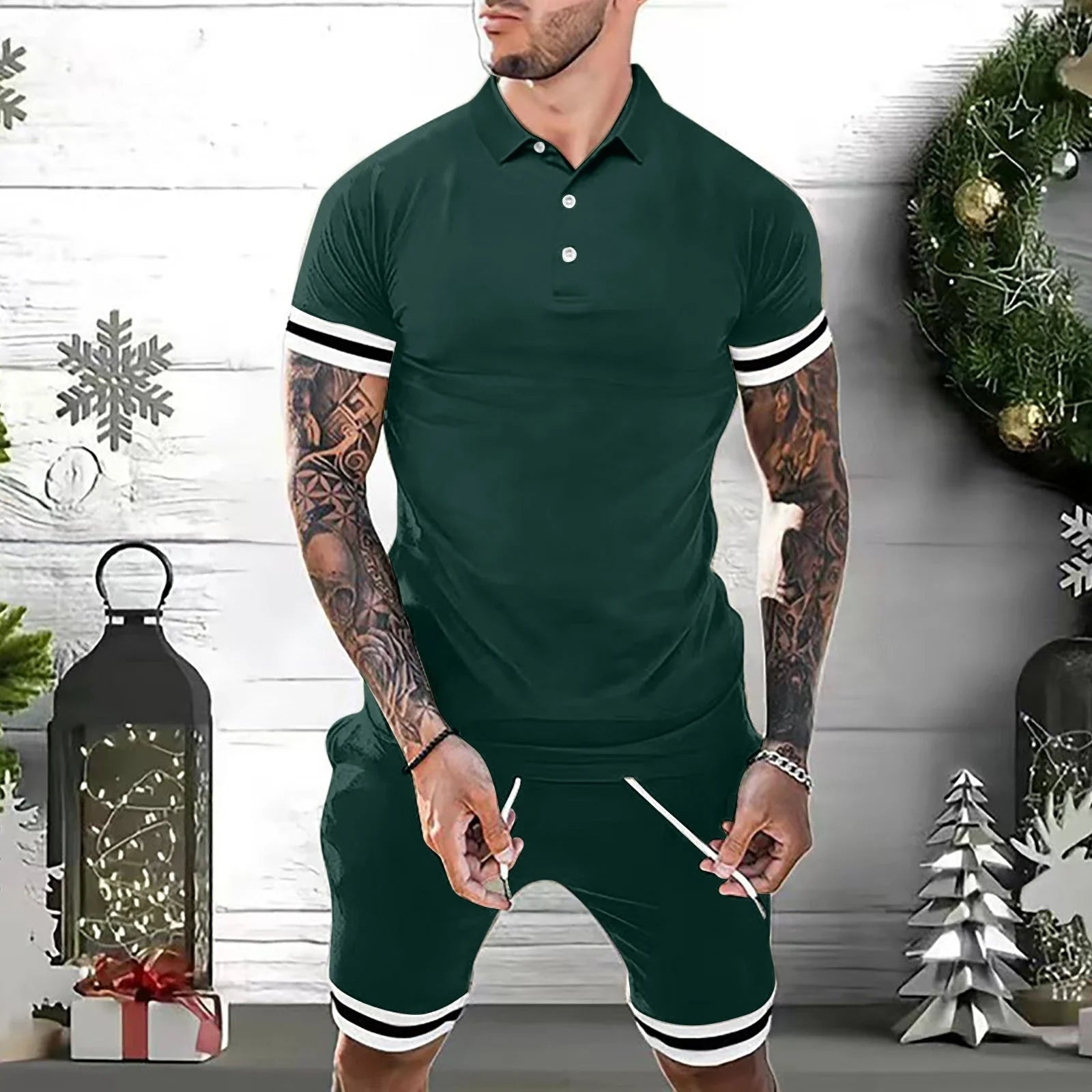 Men's two-piece casual outfit featuring a polo shirt and athletic shorts in various colors and sizes