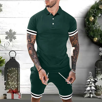 Men's two-piece casual outfit featuring a polo shirt and athletic shorts in various colors and sizes