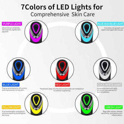 Black eye massager device for facial red and blue light therapy with 7 colour vibration settings.