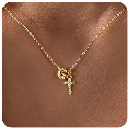 A-Z zircon inlaid letter necklace on a copper regular chain with electroplated finish