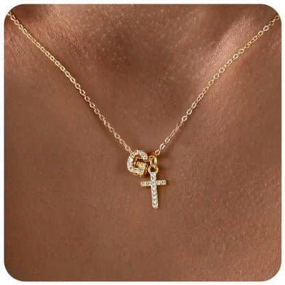 A-Z zircon inlaid letter necklace on a copper regular chain with electroplated finish