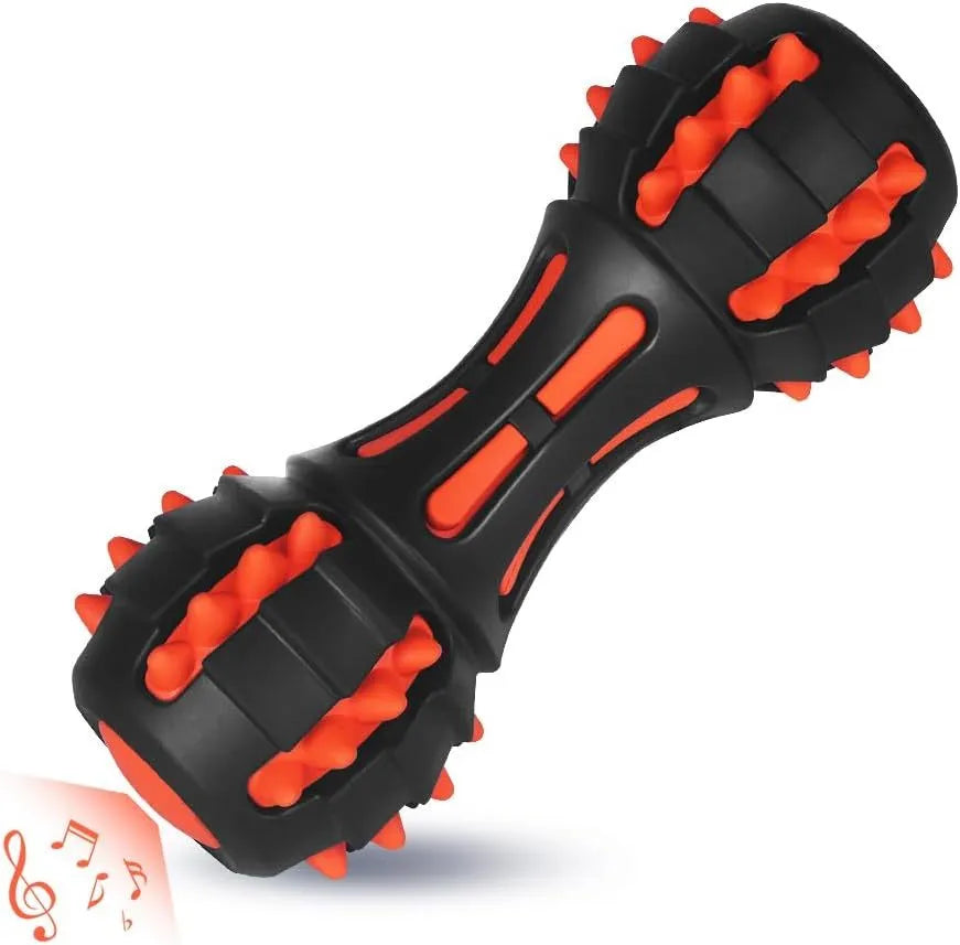 Red dumbbell-shaped dog chew toy for aggressive chewers, made from natural rubber