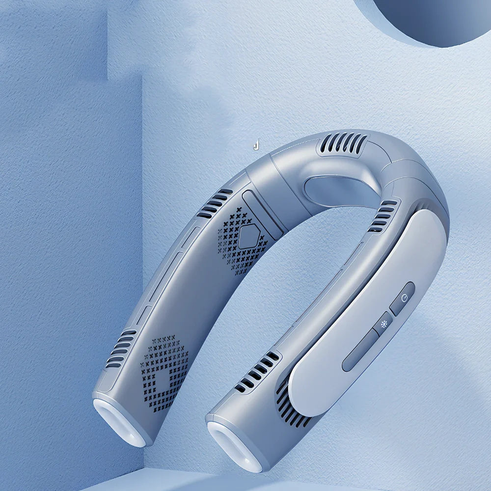 Semiconductor refrigeration hanging neck fan with five cooling units in Glacier White colour option