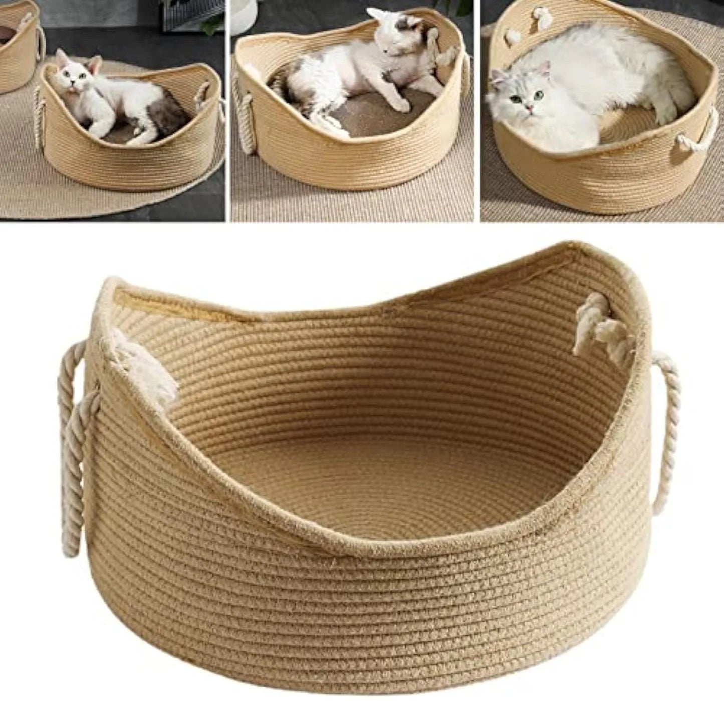 Natural wicker cat basket with integrated corrugated cardboard scratching panel side.
