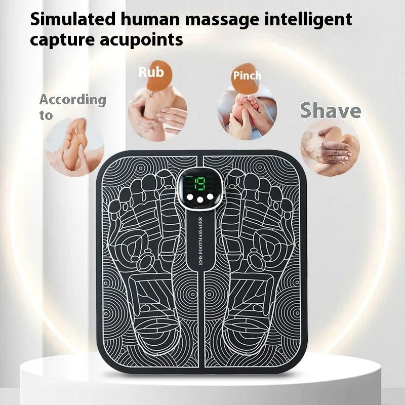 Blue rechargeable foot massager mat with reflexology nodes and remote control on wooden floor