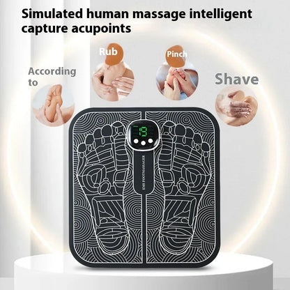 Blue rechargeable foot massager mat with reflexology nodes and remote control on wooden floor
