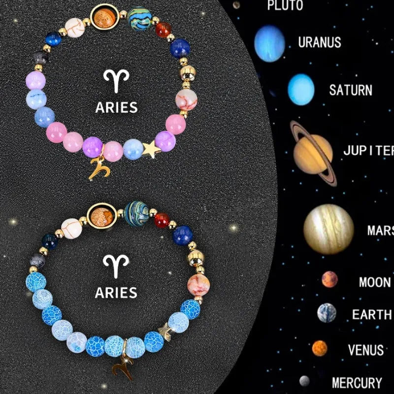 Twelve zodiac sign beaded bracelet set with natural stone beads and adjustable clasp
