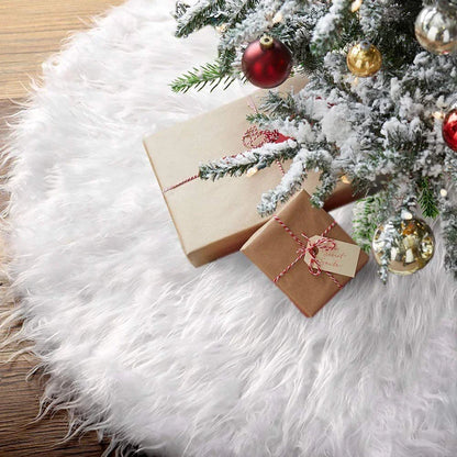 Luxurious plush white Christmas tree skirt with faux fur texture, perfect for holiday decor