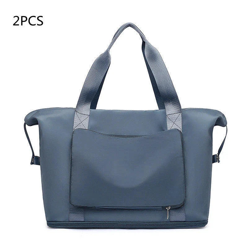 Roomy and foldable gym bag for women with waterproof Oxford fabric, multiple pockets, and wet/dry separation compartment