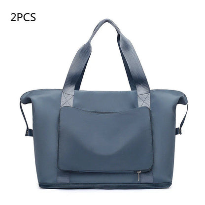 Roomy and foldable gym bag for women with waterproof Oxford fabric, multiple pockets, and wet/dry separation compartment