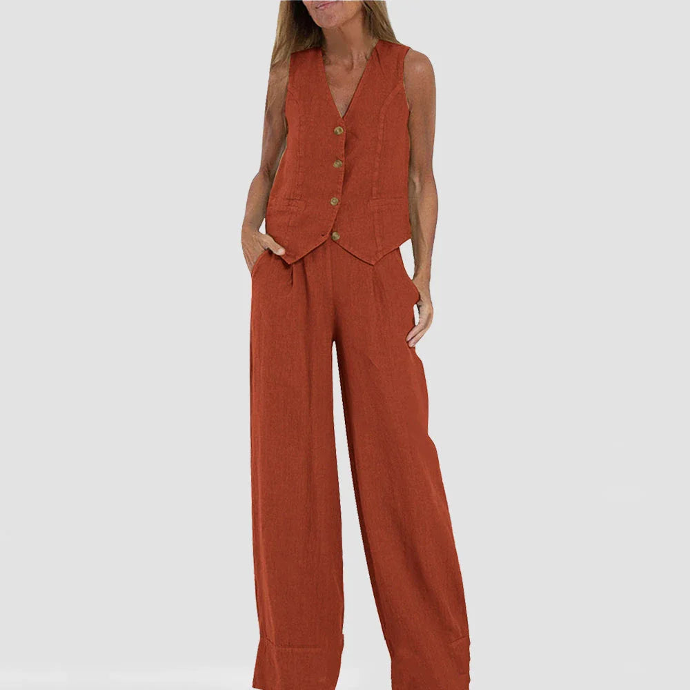 Stylish women's summer vest outfit with V-neck, sleeveless top, and loose straight trousers in a variety of colors