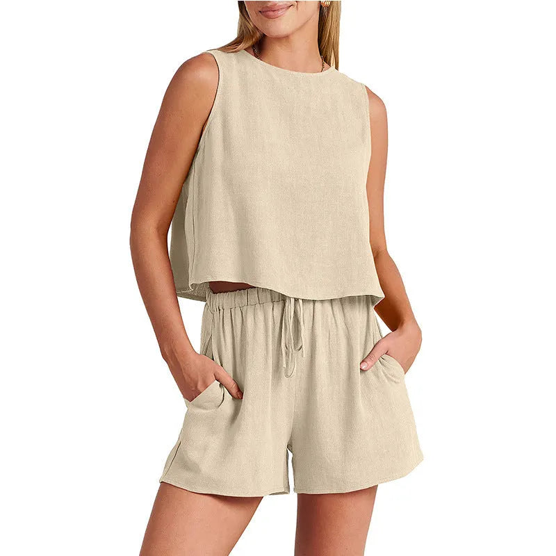 Women's summer two-piece set with sleeveless top and drawstring shorts in rayon linen blend.