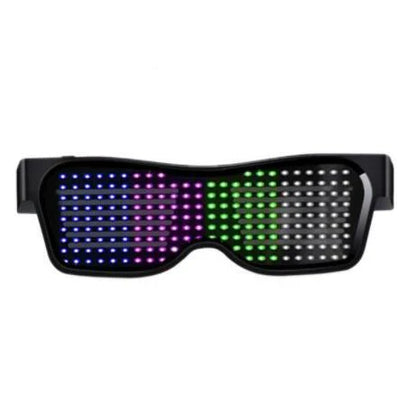 Bluetooth-enabled LED party glasses with dynamic, flashing light effects in multiple vibrant colors