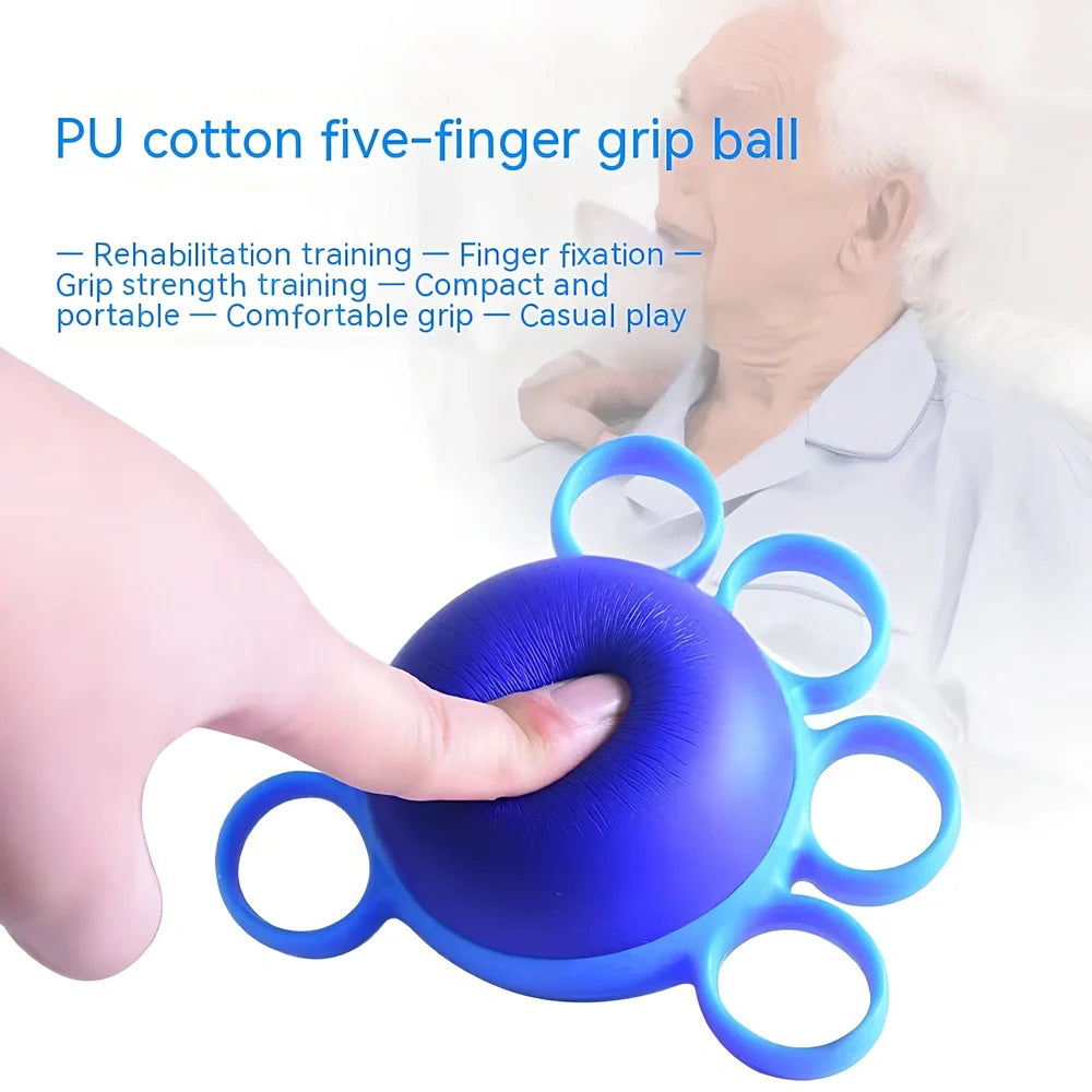 Blue four-finger grip training ball showing 10x9cm spherical design with silicone sleeve