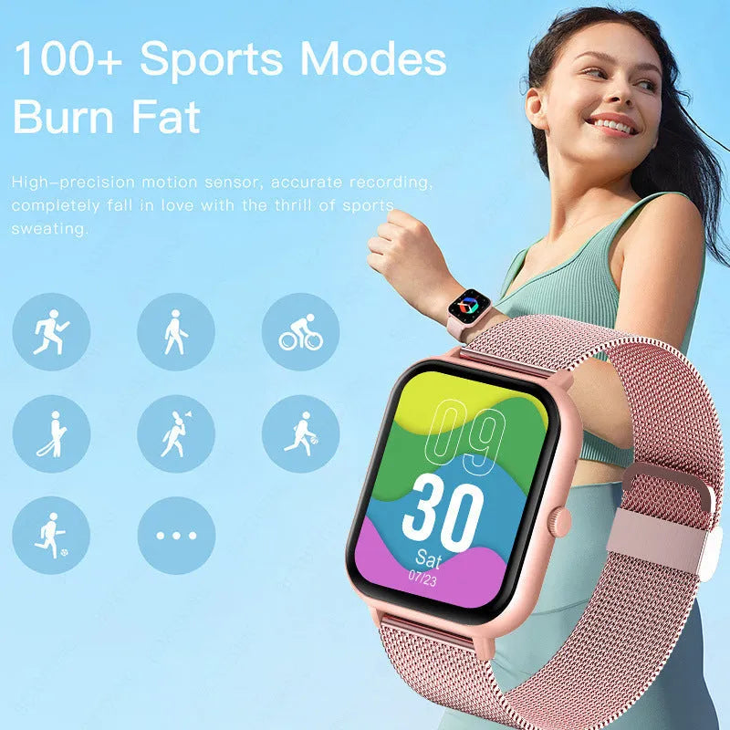ZL54C smart watch on wrist showing health stats on AMOLED screen, with Milan steel strap option.