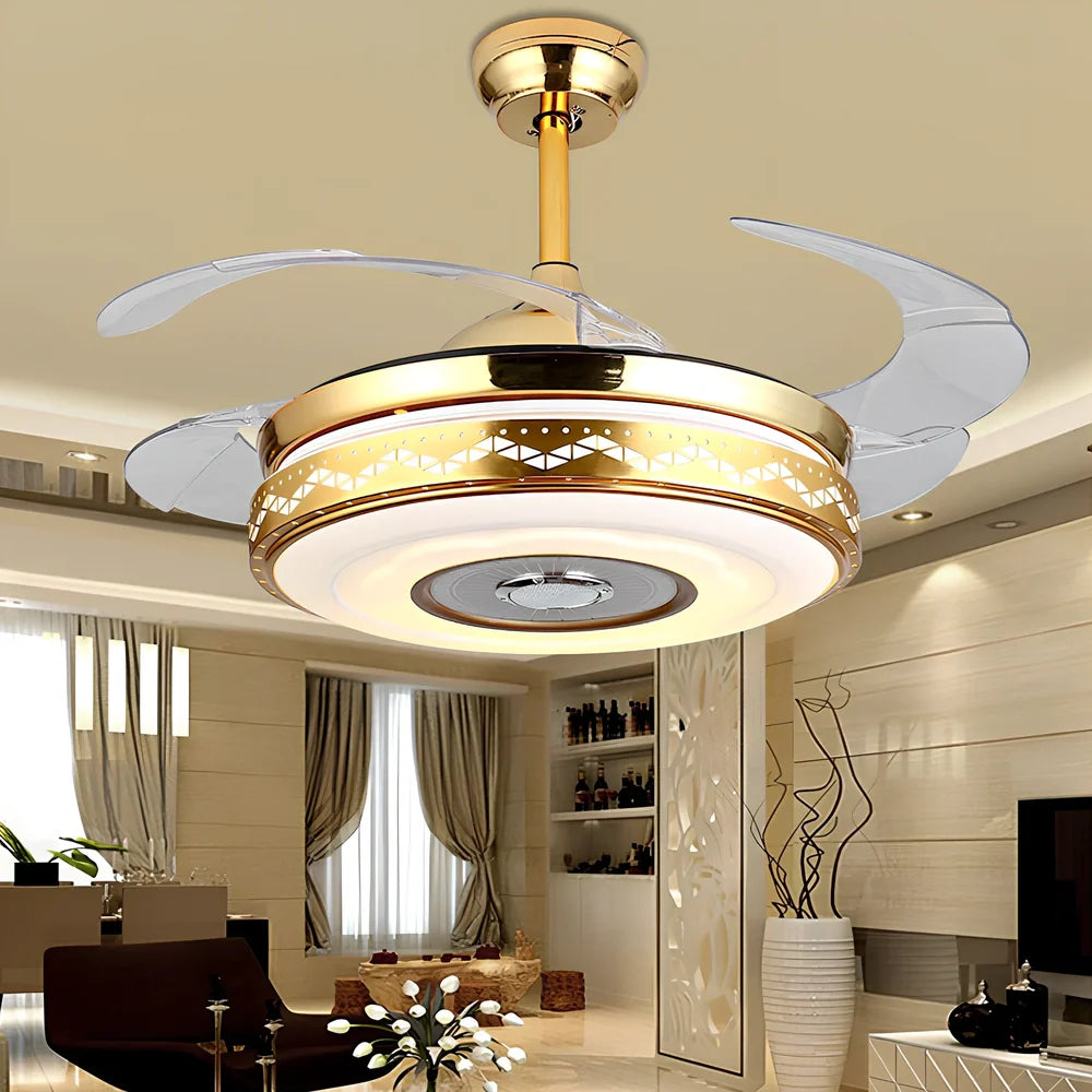 42-inch ceiling fan light with acrylic blades and gold three-tone lighting, remote control