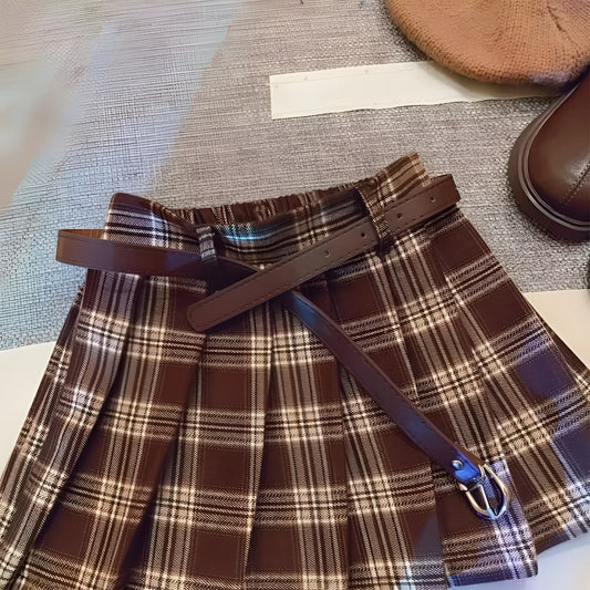 Girls' plaid pleated A-line skirt in cotton blend fabric on a hanger.