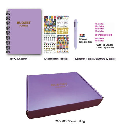 Purple A5 financial planning notebook with coil binding, showing monthly budget layout and included pen with stickers