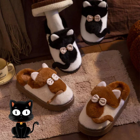 Fluffy cat slippers with non-slip sole in various colors for indoor comfort