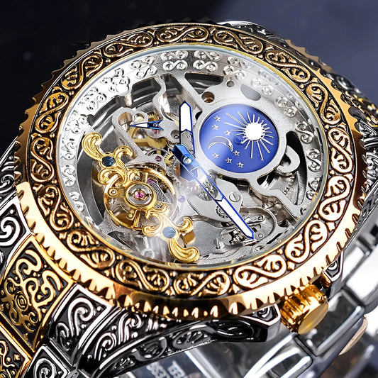 Forsining yellow stainless steel skeleton tourbillon automatic watch with 44mm case.