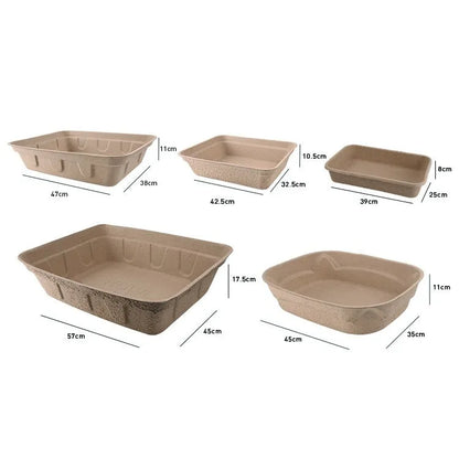 Brown disposable biodegradable cat litter box shown in three different sizes.