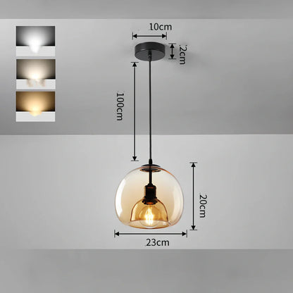 Nordic minimalist chandelier with 23cm glass shade and 100cm hanging wire in cognac colour