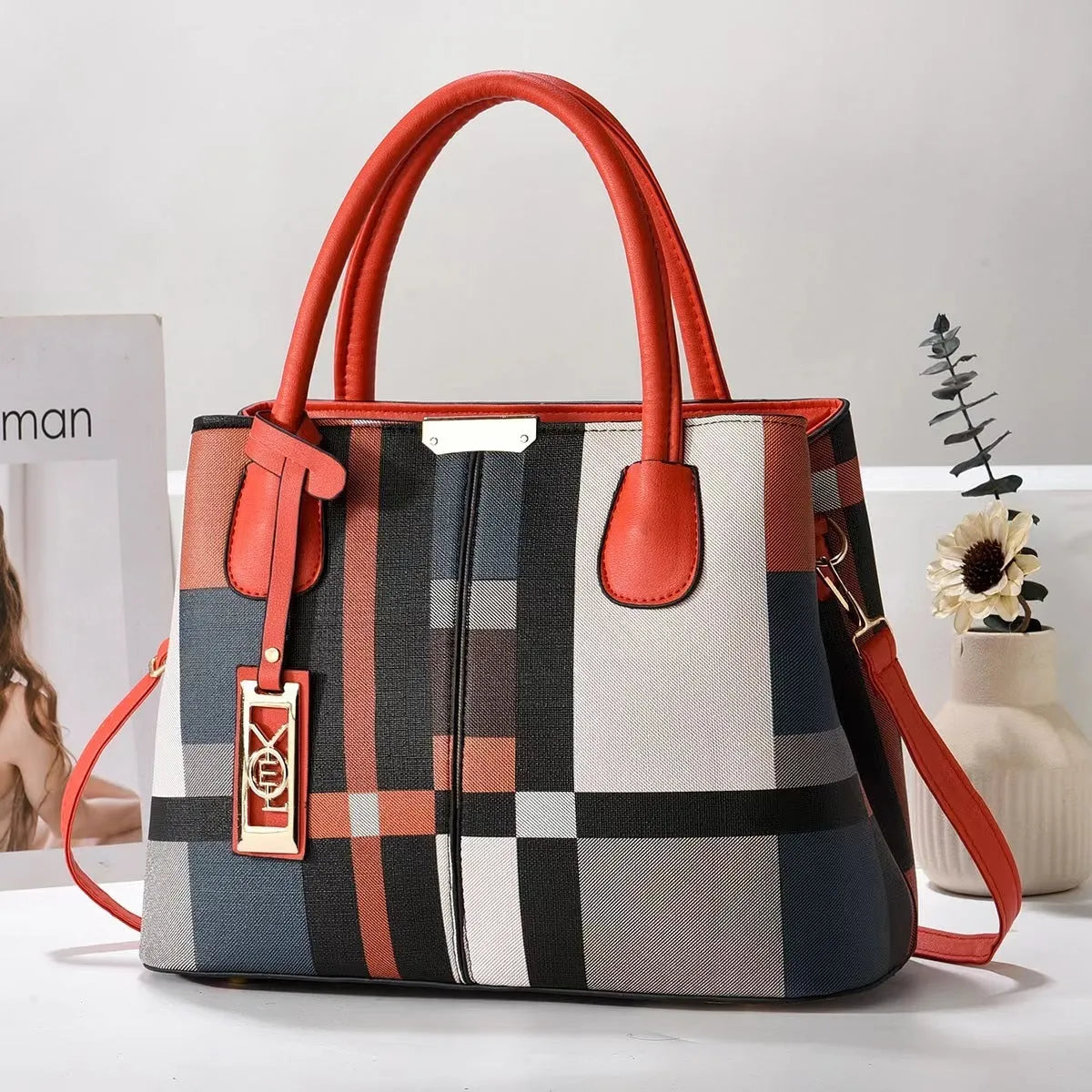 Soft PU leather large capacity shoulder bag in a horizontal square shape with an adjustable strap