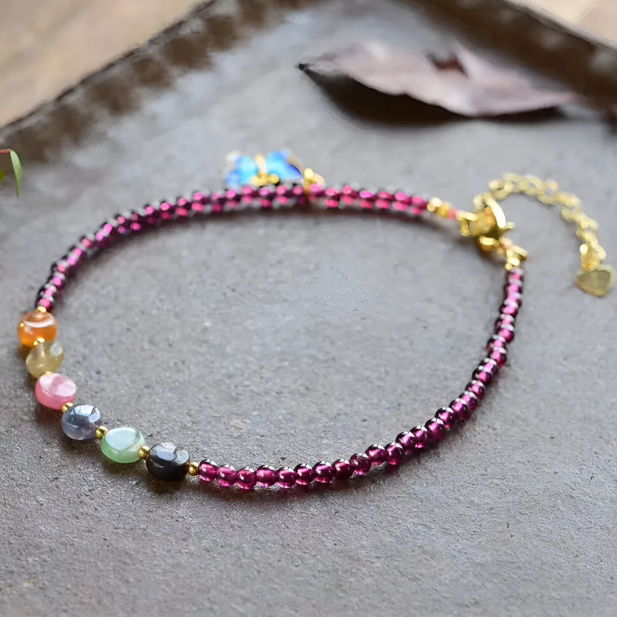 Purple garnet women's anklet with geometric ethnic design and included ankle chain