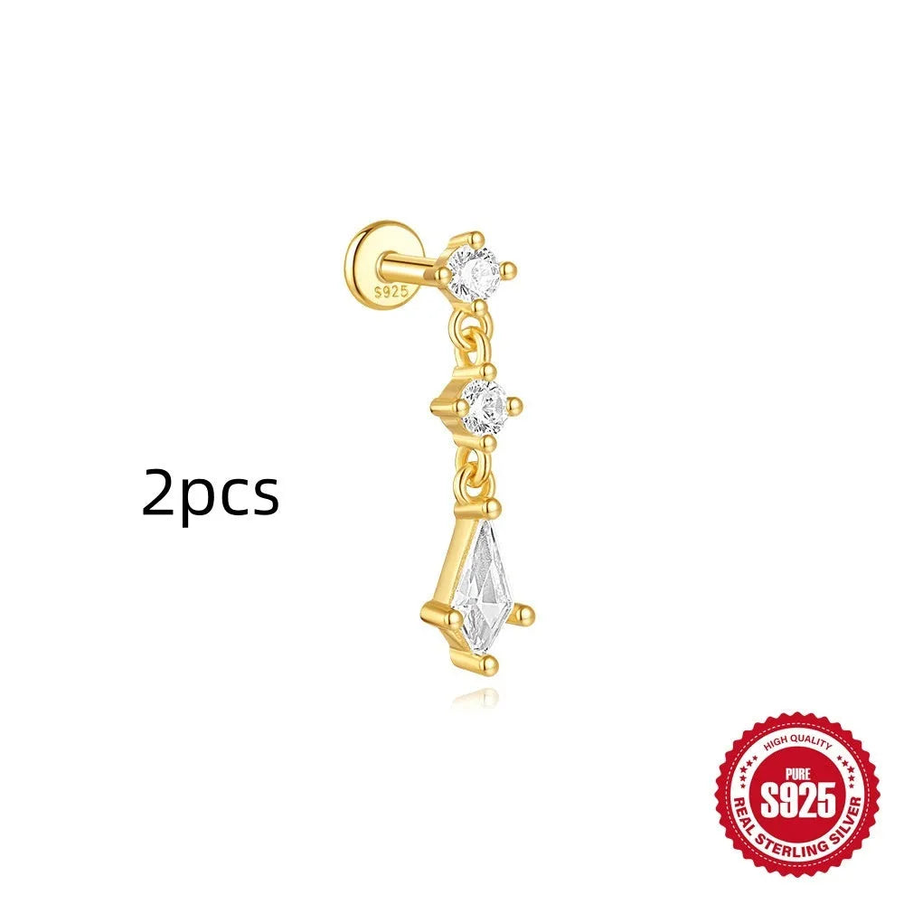 S925 sterling silver geometric kite earrings with rhinestone chain tassel in gold plating