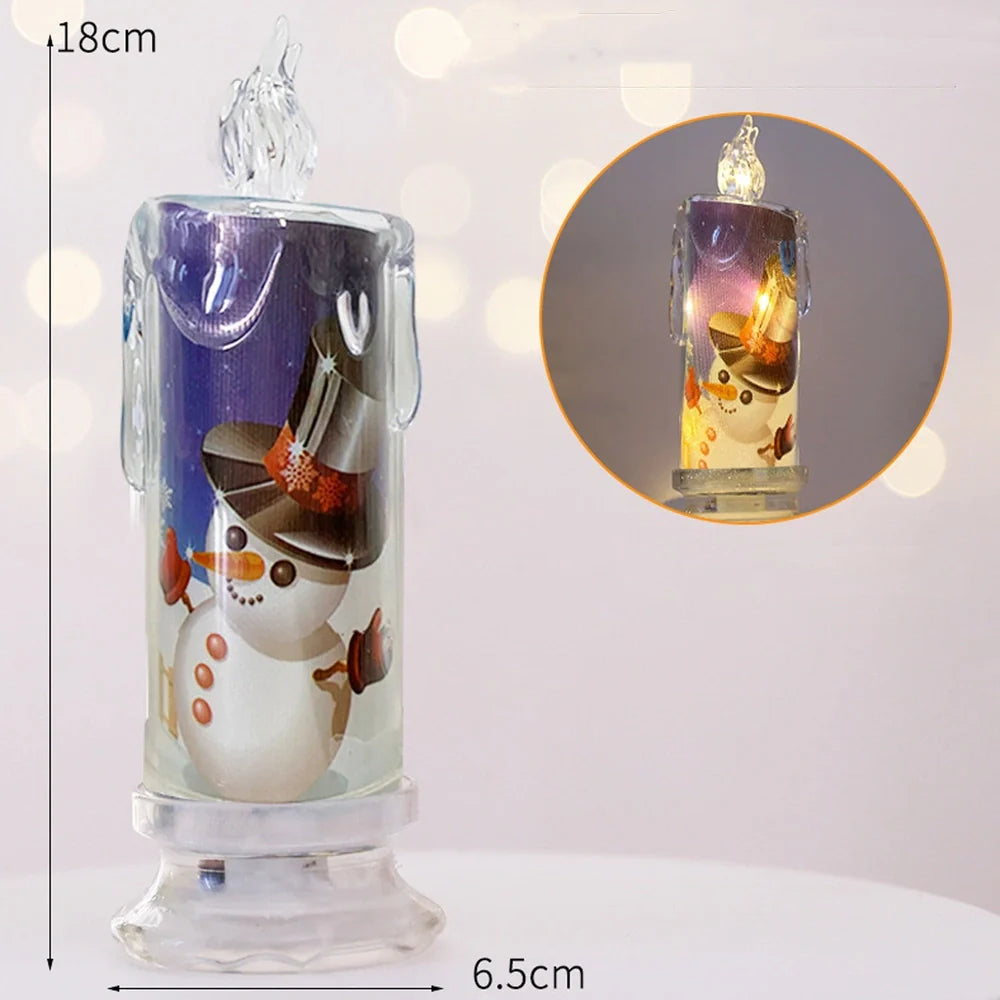 Transparent electronic Christmas candle showing house, snowman and bear designs, 18cm height