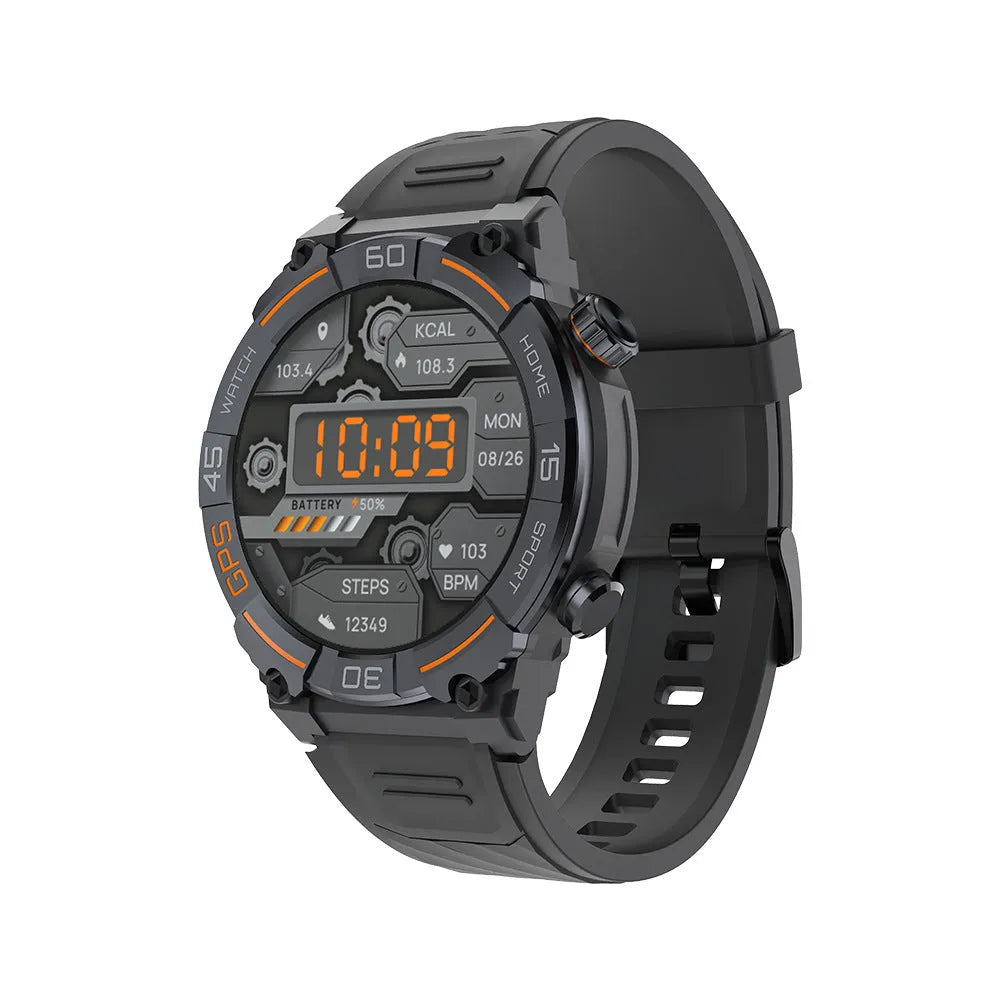 MG02 smart watch in black showing time and heart rate on its TFT touch screen.