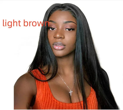 Long black straight synthetic wig on a stand, showing centre parting and full fringe