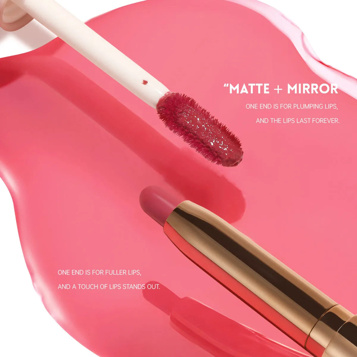 Double-headed lipstick and lip gloss case showing two applicators in 10 colour shades