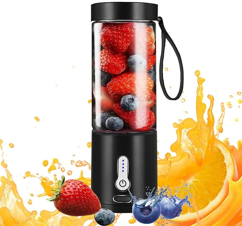 Hand operated portable blender in black, white, blue, and rose red with rechargeable battery and 530ml capacity