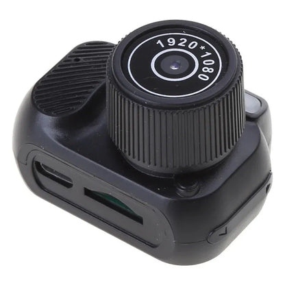 Black retro-style mini camera with display screen for 1080p HD video recording