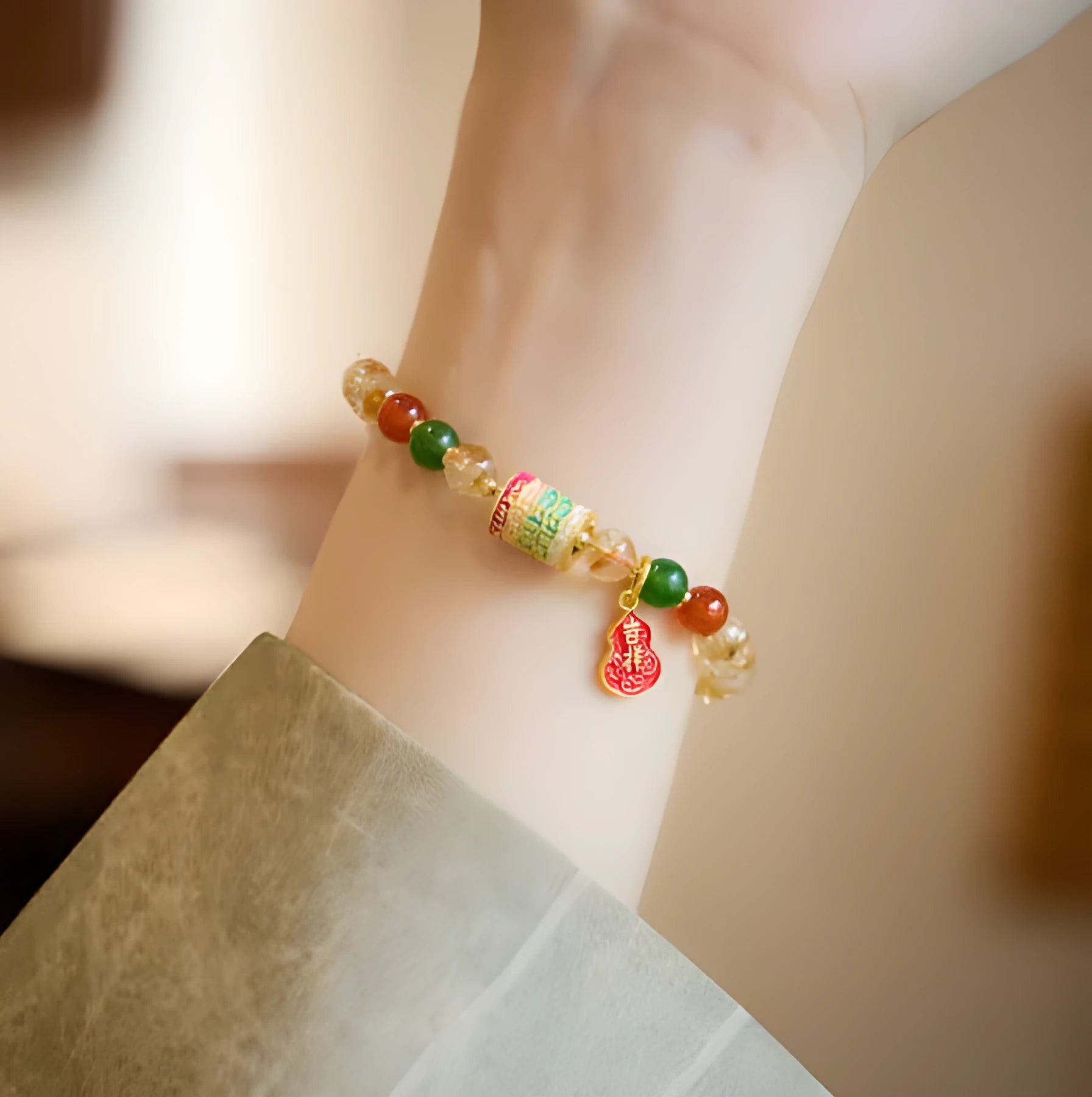 Hand-woven citrine five sutra bracelet with 6mm stone and geometric braided design