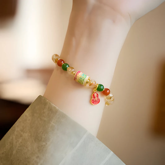 Hand-woven citrine five sutra bracelet with 6mm stone and geometric braided design