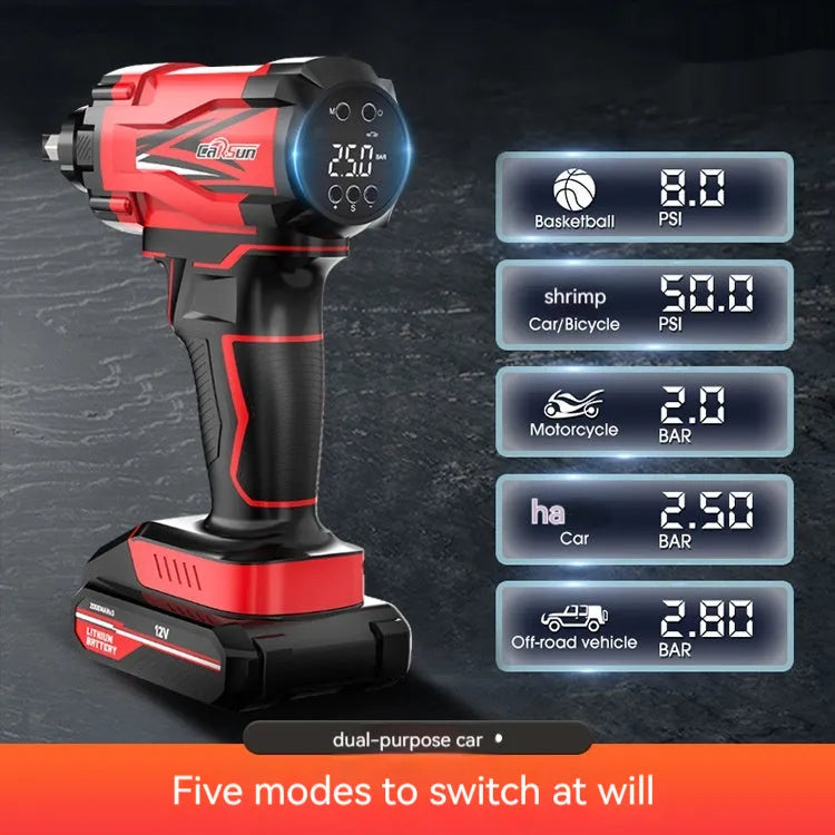 Red and black portable car wireless air pump with nozzle attachments and power cable