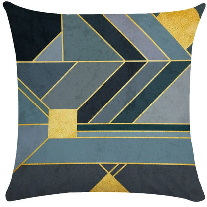 Geometric pattern throw pillow on office sofa showing 45x45cm size with plush fabric texture
