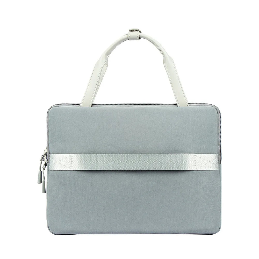 14.2 inch polyester laptop sleeve with soft handle, zipper pocket, in light grey, green, or orange