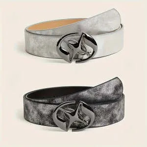 Women's retro PU leather belt with oval alloy buckle in thick over 4cm width, shown in grey white colour.