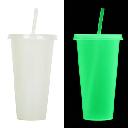 720ml plastic sippy cup with luminous straw showing cylindrical shape and Halloween colours
